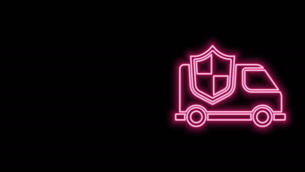 Linha de néon brilhante Carro com ícone de escudo isolado no fundo preto. Conceito de seguro. Segurança, segurança, proteção, proteger o conceito. Animação gráfica em movimento de vídeo 4K — Vídeo de Stock