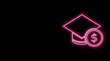 Parlak neon hattı mezuniyet şapkası ve madeni para simgesi siyah arka planda izole edilmiş. Eğitim ve para. Burs, kredi, harç ya da öğrenim ücreti kavramı. 4K Video hareketli grafik canlandırması