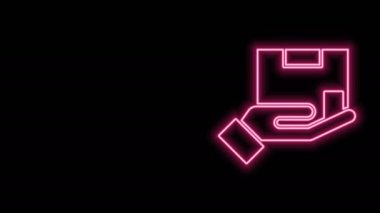 Parlayan neon hattı sigorta ikonu siyah arka planda izole edildi. Kalkanın ötesinde sigorta kutuları var. 4K Video hareketli grafik canlandırması
