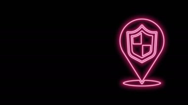 Parlayan neon hattı konum simgesi siyah arkaplanda izole edildi. Sigorta konsepti. Gardiyan. Güvenlik, güvenlik, koruma, gizlilik kavramı. 4K Video hareketli grafik canlandırması