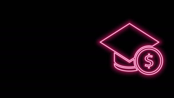 Gloeiende neon lijn Graduation cap en munt pictogram geïsoleerd op zwarte achtergrond. Onderwijs en geld. Begrip studiebeurs kosten of lening, collegegeld of studiekosten. 4K Video motion grafische animatie — Stockvideo