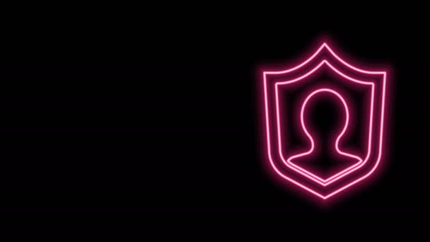 Linea neon luminosa Assicurazione sulla vita con icona dello scudo isolata su sfondo nero. Sicurezza, sicurezza, protezione, proteggere il concetto. Animazione grafica 4K Video motion — Video Stock