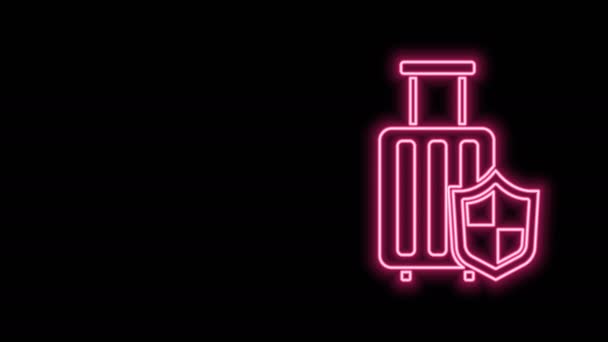 Leuchtender Neon Line Reisekoffer mit Schildsymbol isoliert auf schwarzem Hintergrund. Reisegepäckversicherung. Sicherheit, Sicherheit, Schutz, Schutzkonzept. 4K Video Motion Grafik Animation — Stockvideo