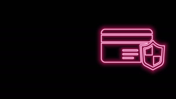 Glowing neon line Credit card with shield icon isolated on black background. Online payment. Cash withdrawal. Financial operations. Shopping sign. 4K Video motion graphic animation — Stock Video