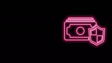 Siyah arkaplanda izole edilmiş kalkan simgesiyle parlayan neon hattı. Sigorta konsepti. Güvenlik, güvenlik, koruma, konsept koruma. 4K Video hareketli grafik canlandırması