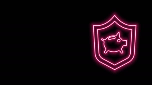 Glowing neon line Piggy bank with shield icon isolated on black background. Saving or accumulation of money, investment. Insurance concept. 4K Video motion graphic animation — Stock Video