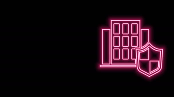 Linea neon luminosa Casa con icona a scudo isolata su sfondo nero. Concetto assicurativo. Sicurezza, sicurezza, protezione, proteggere il concetto. Animazione grafica 4K Video motion — Video Stock