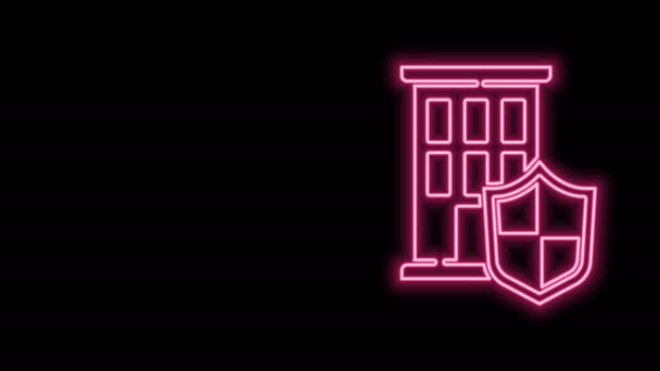 Glödande neon line hus med sköld ikon isolerad på svart bakgrund. Försäkringskoncept Säkerhet, skydd, skydd, skyddskoncept. 4K Video motion grafisk animation — Stockvideo