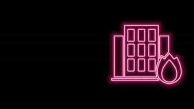 Yanan ev simgesinde parlayan neon hattı yangını siyah arka planda izole edildi. Sigorta konsepti. Güvenlik, güvenlik, koruma, konsept koruma. 4K Video hareketli grafik canlandırması