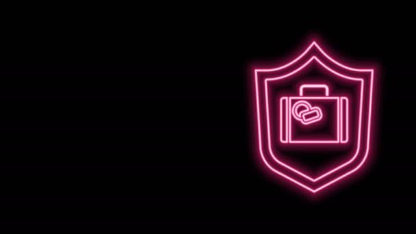 Glowing neon line Travel suitcase with shield icon isolated on black background. Traveling baggage insurance. Security, safety, protection, protect concept. 4K Video motion graphic animation — Stock Video