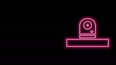 Parlayan neon hat kamera ikonu siyah arkaplanda izole edildi. 4K Video hareketli grafik canlandırması