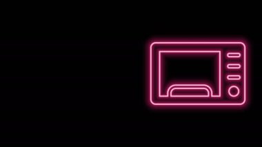 Parlayan neon hattı mikrodalga fırın ikonu siyah arkaplanda izole edildi. Ev aletleri simgesi. 4K Video hareketli grafik canlandırması