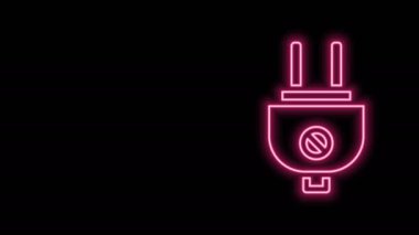 Parlayan neon hattı elektrik prizi simgesi siyah arkaplanda izole edildi. Bağlantı kavramı ve elektriğin kesilmesi. 4K Video hareketli grafik canlandırması