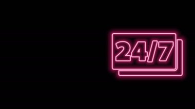 Parlayan neon hattı Saat 24 saat simgesi siyah arkaplanda izole edildi. Tüm gün döngü simgesi. 24 saat hizmet sembolü. 4K Video hareketli grafik canlandırması