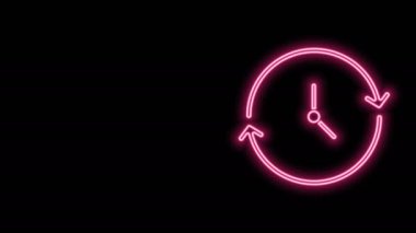 Parlayan neon çizgi saat simgesi siyah arkaplanda izole edildi. Zaman sembolü. 4K Video hareketli grafik canlandırması