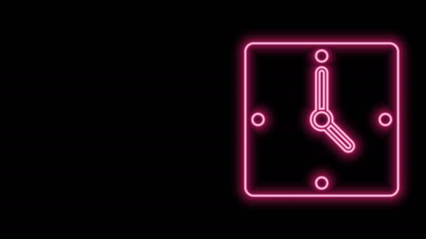 Gloeiende neon lijn Klok pictogram geïsoleerd op zwarte achtergrond. Tijdsymbool. 4K Video motion grafische animatie — Stockvideo