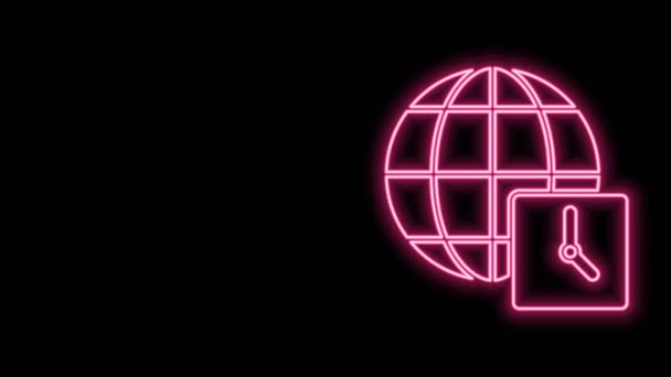 Glowing neon line World time icon isolated on black background. Clock and globe. 4K Video motion graphic animation — Stock Video