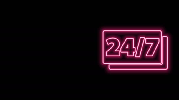 Świecąca neon linia Zegar 24 godziny ikona izolowana na czarnym tle. Cały dzień cykliczna ikona. 24-godzinny symbol obsługi. 4K Animacja graficzna ruchu wideo — Wideo stockowe