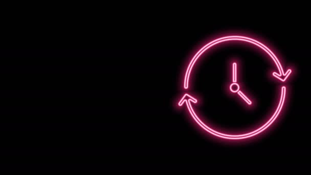 Gloeiende neon lijn Klok pictogram geïsoleerd op zwarte achtergrond. Tijdsymbool. 4K Video motion grafische animatie — Stockvideo
