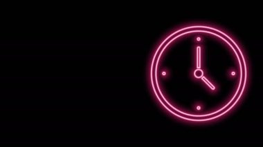 Parlayan neon çizgi saat simgesi siyah arkaplanda izole edildi. Zaman sembolü. 4K Video hareketli grafik canlandırması