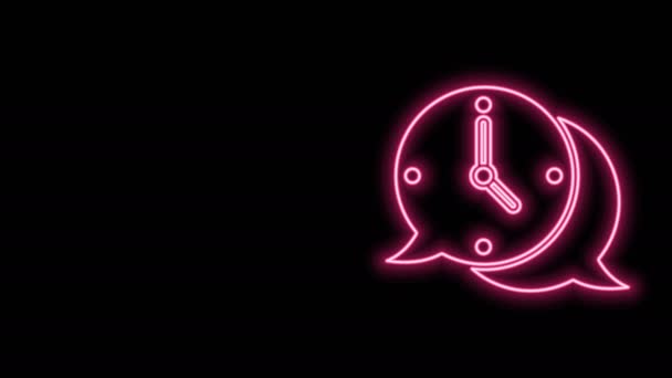 Luminoso neon linea Orologio con icona a bolla vocale isolato su sfondo nero. Segnale orario. Orologio da ufficio o timer simbolo. Animazione grafica 4K Video motion — Video Stock
