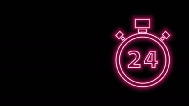 Leuchtende Leuchtschrift Stopwatch 24 Stunden Symbol isoliert auf schwarzem Hintergrund. Ganztägig zyklische Ikone. 24 Stunden Service-Symbol. 4K Video Motion Grafik Animation — Stockvideo