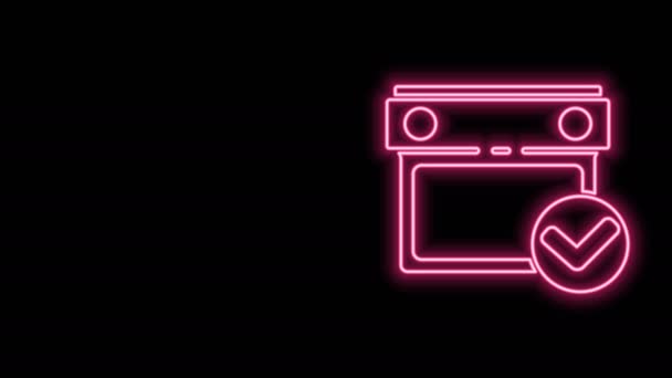 Linha de néon brilhante Calendário com ícone de marca de seleção isolado no fundo preto. Animação gráfica em movimento de vídeo 4K — Vídeo de Stock