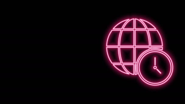 Linha de néon brilhante ícone do tempo do mundo isolado no fundo preto. Relógio e globo. Animação gráfica em movimento de vídeo 4K — Vídeo de Stock