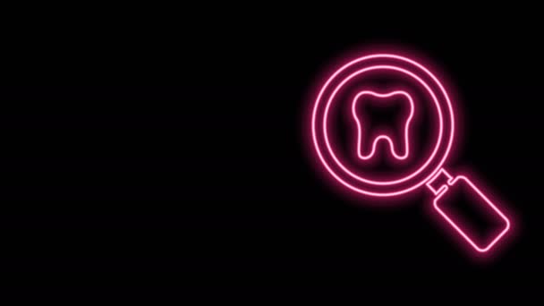 发光的霓虹灯线牙齿搜索图标孤立在黑色背景.牙科诊所或牙医医疗中心的牙齿符号。4K视频运动图形动画 — 图库视频影像