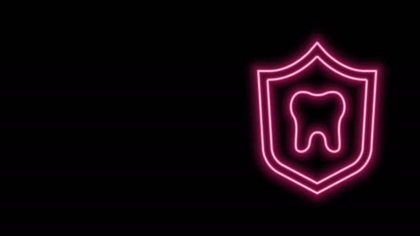 Glowing neon line Dental protection icon isolated on black background. Tooth on shield logo. 4K Video motion graphic animation