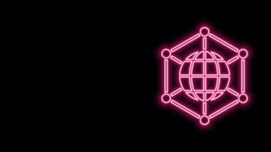 Parlayan neon hattı Global teknoloji veya sosyal ağ simgesi siyah arkaplanda izole edildi. 4K Video hareketli grafik canlandırması