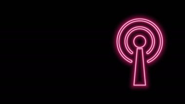 Parlayan neon hattı Anten simgesi siyah arkaplanda izole edildi. Radyo anteni kablosuz. Teknoloji ve ağ sinyali radyo anteni. 4K Video hareketli grafik canlandırması