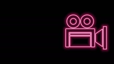Parlayan neon hattı sinema kamerası simgesi siyah arkaplanda izole edildi. Video kamera. Film tabelası. Film projektörü. 4K Video hareketli grafik canlandırması