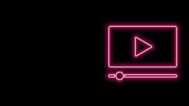 Parlayan neon hattı çevrimiçi video simgesi siyah arkaplanda izole edildi. Oyun işaretli film şeridi. 4K Video hareketli grafik canlandırması