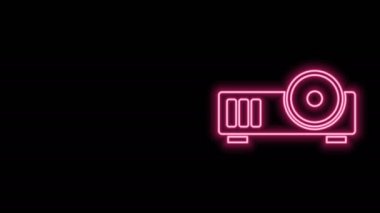 Parlak neon hattı sunumu, film, film, medya projektörü simgesi siyah arkaplanda izole edildi. 4K Video hareketli grafik canlandırması