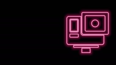 Parlayan neon hattı Eylem aşırı kamera simgesi siyah arkaplanda izole edildi. Ekstrem sporları çekmek için video kamera ekipmanı. 4K Video hareketli grafik canlandırması