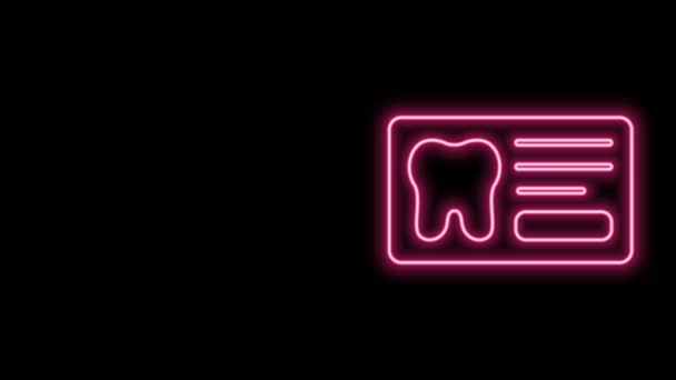 Zářící neonová čára Schránka se zubní kartou nebo ikonou lékařských záznamů pacientů izolovaných na černém pozadí. Zubní pojištění. Zpráva ze zubní kliniky. Grafická animace pohybu videa 4K — Stock video