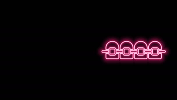 Leuchtende Neon-Linie Zähne mit Zahnspange Symbol isoliert auf schwarzem Hintergrund. Ausrichtung der Zähne, Zahnreihe mit Zahnspange. Zahnkonzept. 4K Video Motion Grafik Animation — Stockvideo