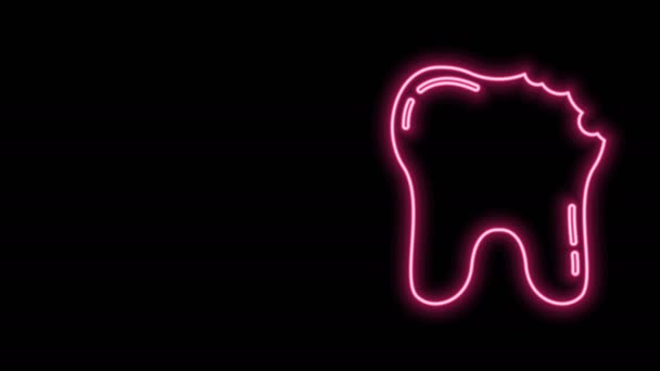Светящийся неоновая линия Сломанный зуб значок изолирован на черном фоне. Значок проблемы с зубами. Символ стоматологической помощи. Видеографическая анимация 4K — стоковое видео