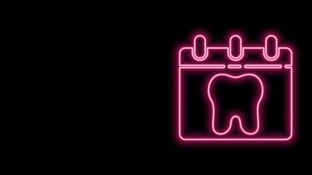 Illuminante linea al neon Calendario con l'icona del dente isolato su sfondo nero. Giornata internazionale del dentista, 6 marzo. Calendario delle vacanze di marzo. Animazione grafica 4K Video motion — Video Stock