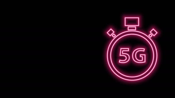 Glødende neon line Digital hastighedsmåler koncept med 5G ikon isoleret på sort baggrund. Globalt netværk højhastighedsforbindelse datahastighed teknologi. 4K Video bevægelse grafisk animation – Stock-video