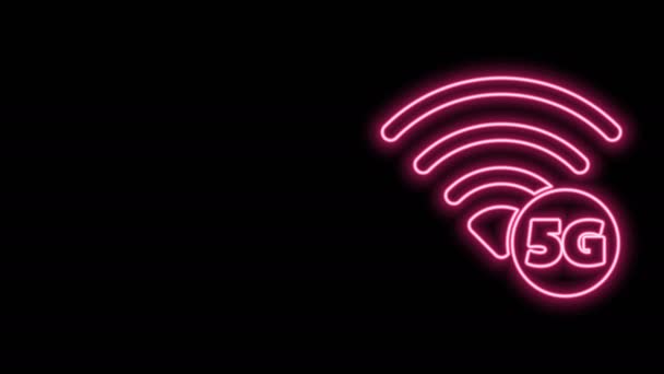 Illuminante linea al neon 5G nuova icona di connessione internet wireless isolato su sfondo nero. Tecnologia globale di velocità di connessione ad alta velocità. Animazione grafica 4K Video motion — Video Stock