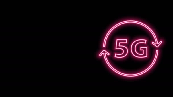 Linha de néon brilhante 5G novo ícone de conexão Wi-Fi à Internet sem fio isolado no fundo preto. Tecnologia de taxa de dados de conexão de alta velocidade de rede global. Animação gráfica em movimento de vídeo 4K — Vídeo de Stock