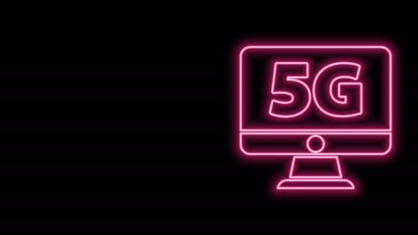 Leuchtende Neon-Line-Monitor mit 5G neue drahtlose Internet Wifi-Symbol isoliert auf schwarzem Hintergrund. Globale Hochgeschwindigkeitsverbindungstechnologie für Datenraten. 4K Video Motion Grafik Animation — Stockvideo