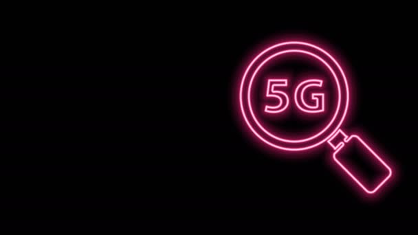 Brillante línea de neón Buscar 5G nuevo icono de conexión inalámbrica a Internet wifi aislado en el fondo negro. Red global de alta velocidad de conexión tecnología de velocidad de datos. Animación gráfica de vídeo 4K — Vídeos de Stock