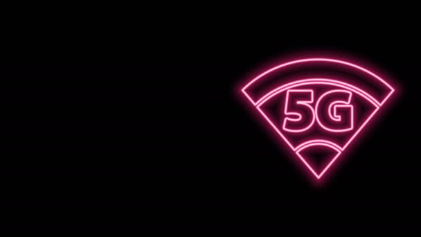 Glowing neon line 5G new wireless internet wifi connection icon isolated on black background. Global network high speed connection data rate technology. 4K Video motion graphic animation