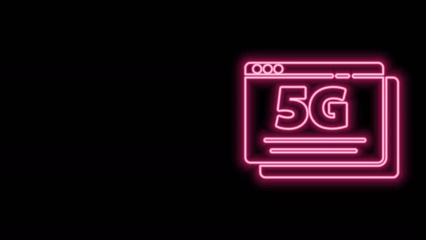 Gloeiende neon lijn 5G nieuwe draadloze internet wifi-aansluiting pictogram geïsoleerd op zwarte achtergrond. Wereldwijd netwerk hoge snelheid verbinding datasnelheid technologie. 4K Video motion grafische animatie — Stockvideo