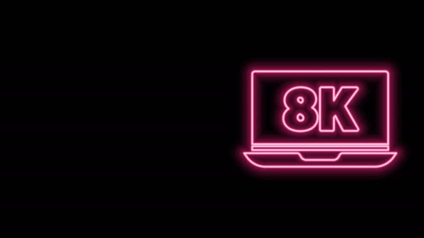 Λαμπερή οθόνη φορητού υπολογιστή neon line με 8k εικονίδιο τεχνολογίας βίντεο που απομονώνεται σε μαύρο φόντο. 4K Γραφική κίνηση κίνησης βίντεο — Αρχείο Βίντεο