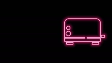 Parlayan neon hattı tost makinesi simgesi siyah arkaplanda izole edildi. 4K Video hareketli grafik canlandırması