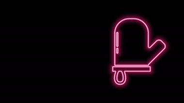 Parlayan neon hattı fırın simgesi siyah arkaplanda izole edildi. Mutfak tutacağı işareti. Yemek eldiveni. 4K Video hareketli grafik canlandırması